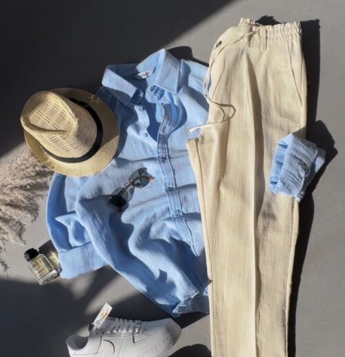 Polo Yaka Triko Kazak & Oversize Müslin Gömlek & Baggy Keten Pantolon