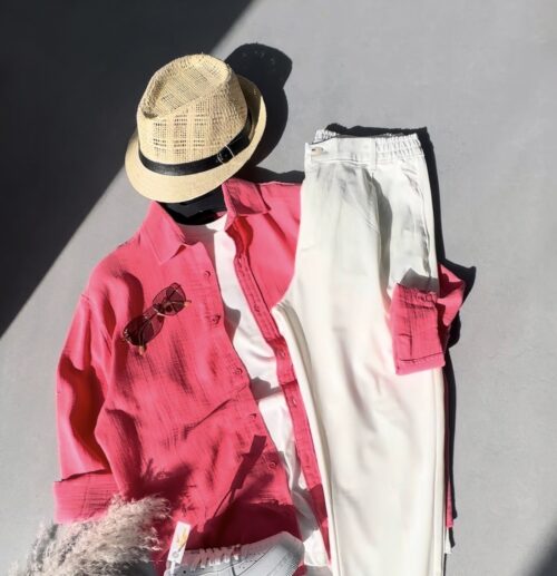 Oversize Müslin Gömlek & Oversize Basic Tişört & Boyfriend Likralı Kumaş Pantolon